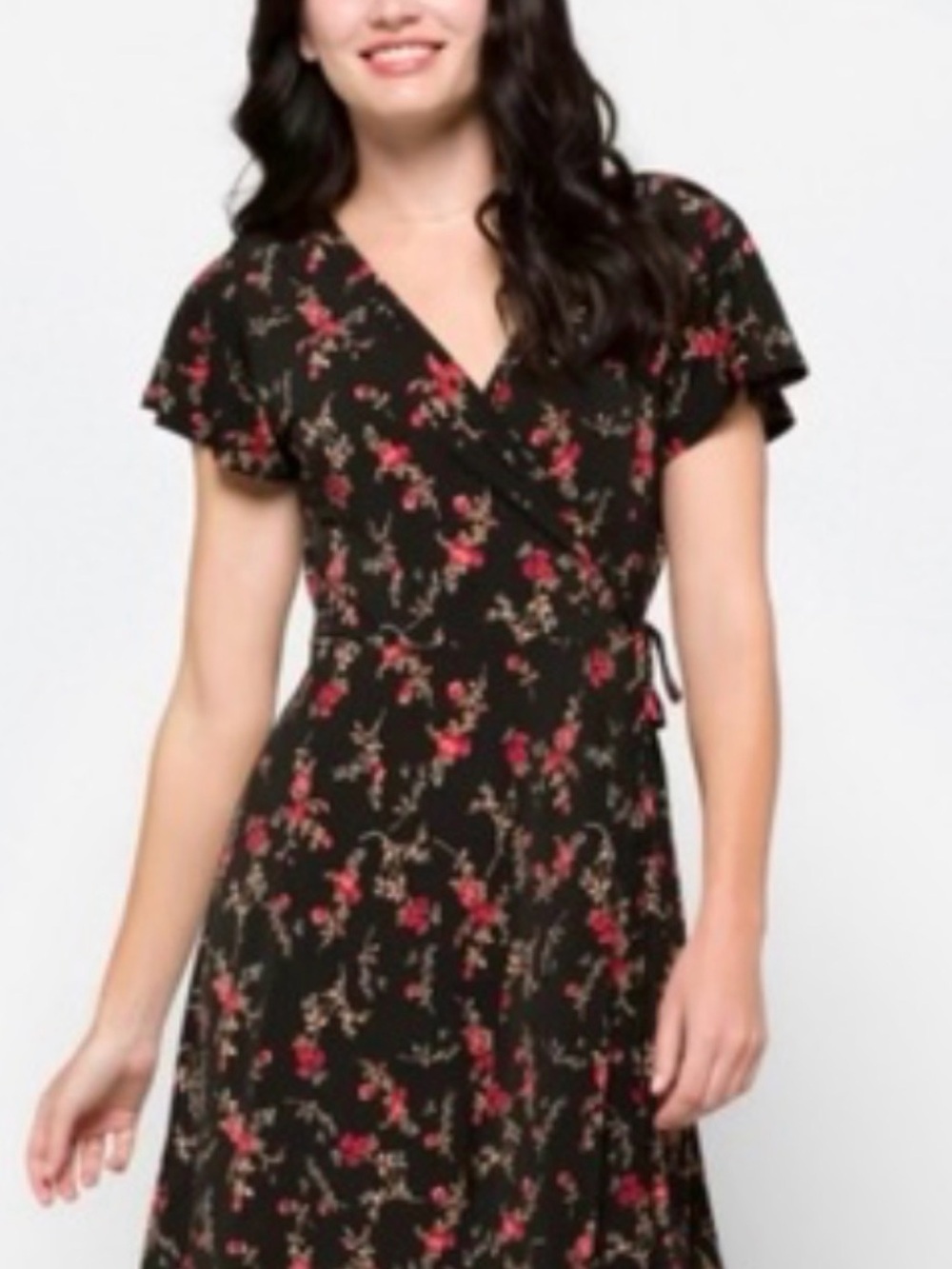 Kaileigh Black Floral Wrap Dress with Red Blossoms